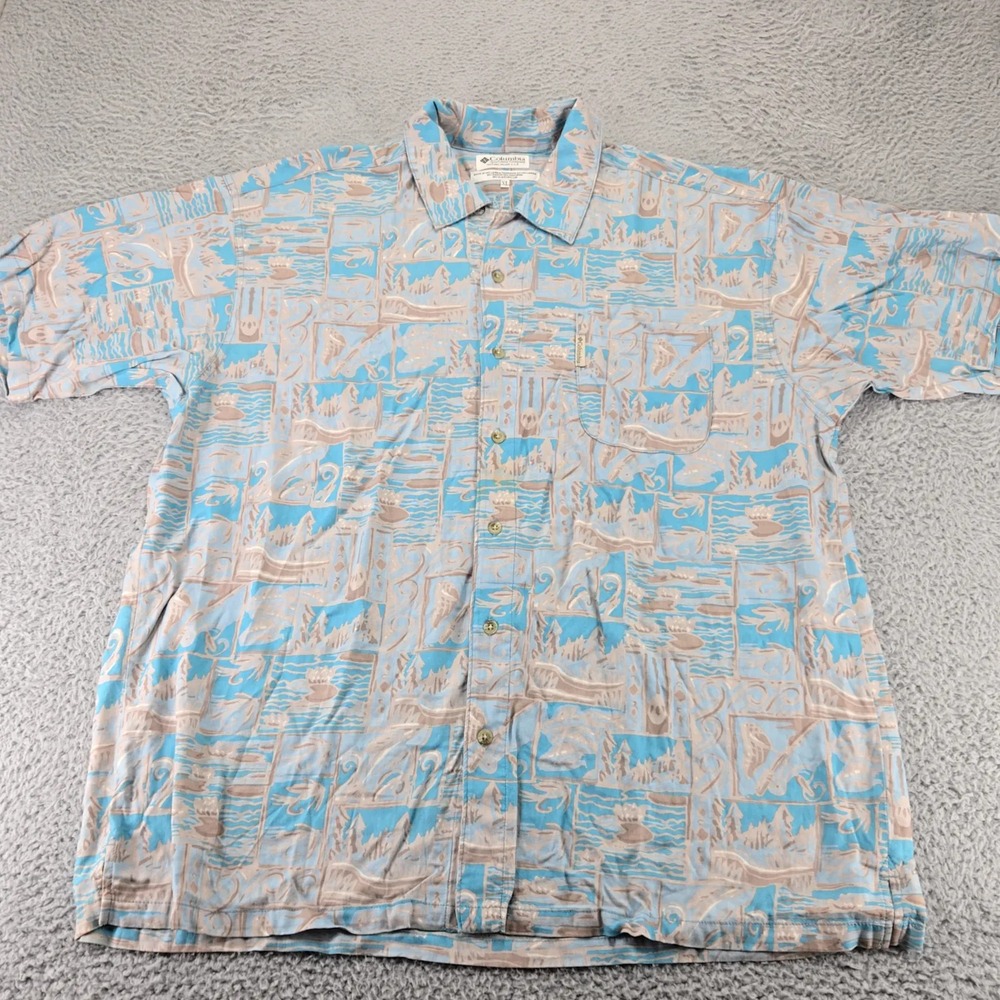 Columbia‎ Shirt Mens XL Tan Aztec Short Sleeve Button Up Outdoors Camp Fishing